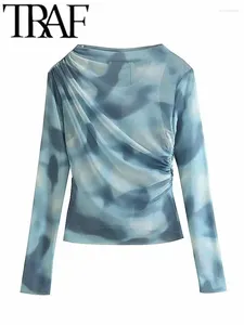 Bluzki damskie Traf Fashion 2024 Cienkie szczupłe kobiety z nadrukiem Tiuld Tiuld Long Rleeve Koszulki żeńskie swobodne ruchy blusas topy
