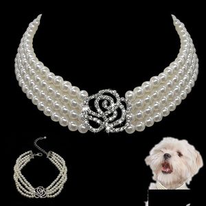 Dog Collars & Leashes Elegant Crystal Collar Necklace Choker Style Rhinestone Pearl Pet Accessories Necklaces For Dog Chihuahua Ccj303 Dhcck