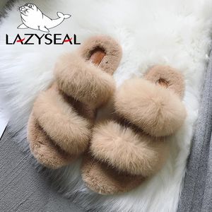 LazySeal Fur Women Slippers Shoes Rabbit Fur Slippers Real Hair Slides Female Furry Indoor Flip Flops Fluffy Plush Shoes House 240118