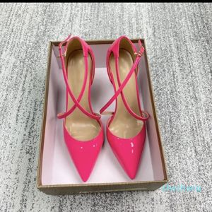 Glossy Rose Pink Women Instep Cross Strap Pointy Toe Sexig Shiny High Heels Elegant Ladies Wedding Party Shoes Chic Stiletto Pumps Sandaler