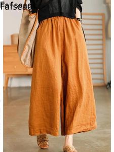 Pantaloni da donna Pantaloni classici a gamba larga oversize in cotone e lino Capri a vita alta morbidi e confortevoli per harem eleganti bianchi