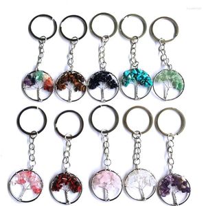 Keychains 12pcs Women Natural Chip Quart Stone Bead 30mm Heart Round Tree Of Life Lanyard Wholesale Key Rings