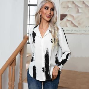 Women's Blouses Abstract Art Printed Black White Shirt Casual Button Long Sleeve Office Lady Autumn Spring Shirts Female 2024 Top