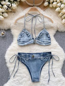 Set di reggiseni SINGREINY Denim femminile Biancheria intima sensuale Abiti Halter Reggiseno corto Perizoma con lacci Moda Bikini sexy Lingerie porno erotica