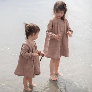 Girl Dresses Girls Cotton And Linen Retro Long-Sleeve Dress 2024 Spring Autumn Baby Button Down Pocket Casual TZ010