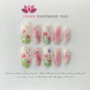 Handgjorda akrylpress på spik med 3D -mönster Full Cover Coffin Head Manicuree med Butterfly Decoration Nail Art Wearable Nail 240129