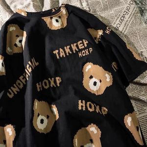 Women's T Shirts Kawaii Bear Full Printed Tie-Dye Harajuku Casual Short-Sleeved T-Shirt Female Letters Loose Oversized Half-Sleeved Tee