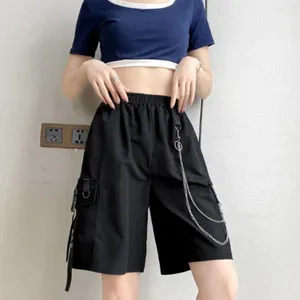 Женские шорты 2024, летние повседневные черные бермуды с лентами для девочек, брюки длиной до колена с цепочкой