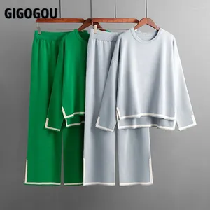 Women's Two Piece Pants GIGOGOU Autumn Winter Warm Knitted Women Sweater Tracksuits Split Up Pullover Top Wide Leg Suits 2 /Two Pieces Sets