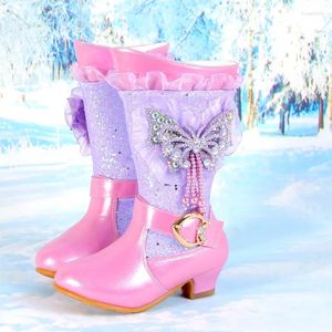 Сапоги для девочек на каблуке со стразами и бабочкой принцессы, синие туфли-лодочки, детские бархатные туфли на высоком каблуке, сохраняющие тепло