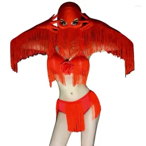 Stage Wear Red Tassels Bikini Mask Bra 5 Pieces Set Halloween Nightclub Bar Women Pole Dancing Costume Valentine's Day DJ Party
