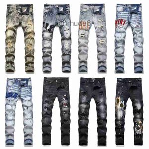 Amirs jeans designer mens lila varumärke europeiska och amerikanska gatan trendiga smala fit elastiska lapp broderade hål tätt ben hod0