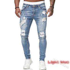 Herren Jeans Herren Jeans Knielöcher Tränen Stretch Denimhose Feste Farbe Schwarz Blau Herbst Sommer Hip-Hop-Stil Ultra-dünn-Fit-Hose S-4xl Q240427