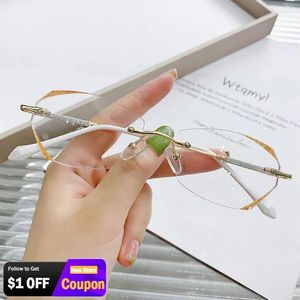 Solglasögon Rimless Reading Glasses Luxury Women Cutting Frame Anti Blue Light Presbyopic Recept Eyewear Diopter 0 till 4.0