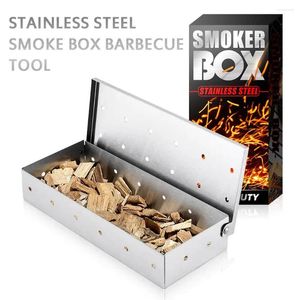 Ferramentas churrasqueira caixa de fumante para lascas de madeira tampa articulada fumar carne acessórios de cozinha de aço inoxidável