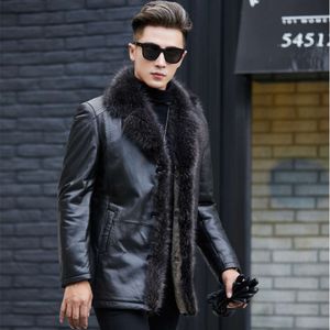 Haining Fur Men Raccoon Dog Collar Medium and Long Thick One Man Leather Coat KVEE