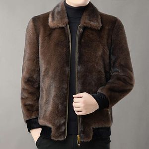 Designer Autumn and Winter Golden Mink Fleece Warm Coat Coffee Color Middle Aged Mens Dad Top Leather Flip Collar Solid SK7R