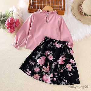 Girl's Dresses 2 PCS Kids Casual Clothing Set Outfits For Girls 2023 Autumn New Toddler Ruffle Pink Tops Floral Print kjol Fashion Children Children