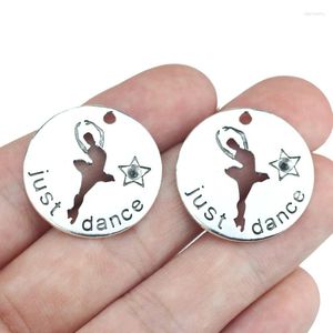 Charms, 10 Stück, 25 mm, antik versilbert, runde Scheibe, Buchstabe Just Dance, hohler Ballett-Mädchen-Anhänger für Tänzer-Schmuckherstellung