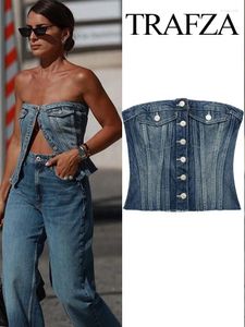 Tanques femininos trafza elegante moda feminina sexy sem costas sem mangas single-breasted chique curto tanque tops mulher azul gradiente denim colete