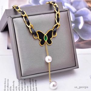 Pendant Necklaces New Black Leather Stainless Steel Weave Necklace Butterfly Pearl Tassel Collarbone Chain Charming Jewelry Wedding Party Gift