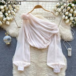 Kadın bluzları Kusahiki 2024 Bahar Şifon Gömlekleri Kadın Moda Çarp Yatak Straplez Puf Kılıf Nedensel Şık Çiçek Bayanlar