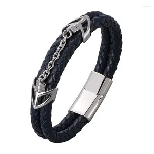 Charm Bracelets Men Jewelry Double Blue Genuine Leather Handmade Stainless Steel Magnetic Buckle Wristband For Male Gift SP1025