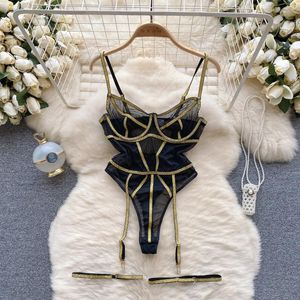 Conjuntos de sutiãs Foamlina Sexy Lingerie Bodysuit para Mulheres Cor Match Listrado Sem Mangas Transparente Sheer Malha Underwear Erótico