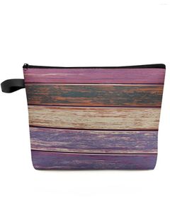 Borse per cosmetici Borsa per trucco viola con texture retrò con venature del legno Borsa per trucchi da viaggio Elementi essenziali per donna Astuccio per toilette per donna