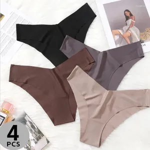 Kadın Panties 4pcs/Set Sexy Bikini Buz İpek Dikişsiz Kadın iç çamaşırı Düşük katlı yüksek esneklik brifing Moda iç çamaşırı