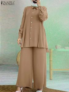 エスニック服の女性ゆるい一致するセットアバヤはザンゼアファッションイスラム教徒セット2PCSカジュアルラペルネック長袖ブラウスワイドレッグパンツ