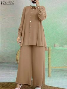 Abbigliamento etnico Donna Set coordinato ampio Abaya Abiti ZANZEA Set moda musulmana 2 pezzi Camicetta a maniche lunghe con collo bavero casual Pantaloni a gamba larga