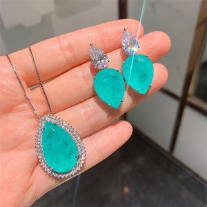 QXTC Vintage Paraiba Tourmaline Gemstone Lab Diamonds Necklace Earrings Charms Wedding Party Fine Jewelry Sets Accessories 240119