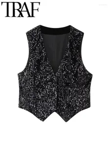 Gilet da donna TRAF Y2K Paillettes Gilet da donna 2024 Primavera Blazer senza maniche Bottoni con scollo a V Gilet sottile Donna Crop Top Nero Party