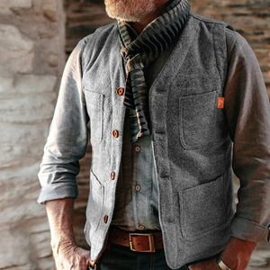 Vintage Waistcoats Mens Sleeveless V Neck Single Breasted Vest Jacket For Men Spring Fashion Patchs Pockets Design Coat Man 240122