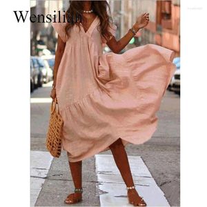 Casual Dresses Summer Dress Women Short Sleeve V Neck Long A-Line Ruffles Maxi For Beach Sundress Robe Femme