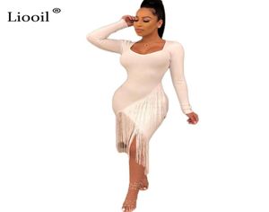 Liooil черно-белое сексуальное облегающее платье миди с кисточками для женщин, осень 2019, асимметричное платье с длинным рукавом для ночного клуба, облегающие платья7092444