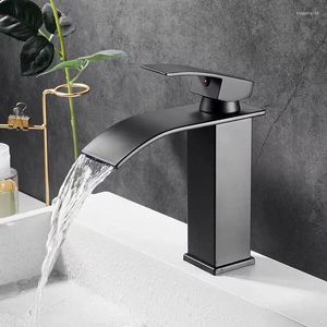 Rubinetti per lavandino del bagno Rubinetto a cascata in acciaio inossidabile nero Maniglia singola per lavabo e supporto per ponte di lusso per acqua fredda