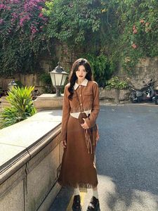 Two Piece Dress Plus Size French Style Retro Corduroy Tassel Women's Suit Jacket Skirt Autumn And Winter Chubby Girl Slimming Top Set