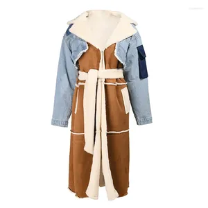 Women's Trench Coats Plus Velvet Denim Stitching Coat Winter Lamb Wool Inside Bold Lapels Long Thick Cotton-padded Jacket