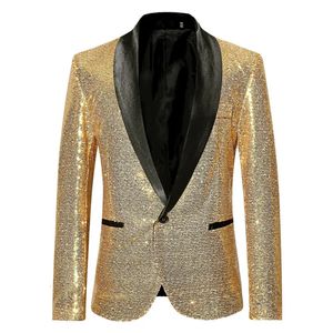 Mens Shiny Gold Sequin Glitter Blazer Jacket Fashion Shawl Collar One Button Suit Men Stage Singer Costume Homme 240124