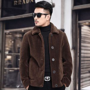 Leather and Fur Integrated Mens in Winter Middle Designer Aged Young People with a Flip Collar Wearing Jacket on Both Sides Wool Coat Sheep Cut Velvet TGGU