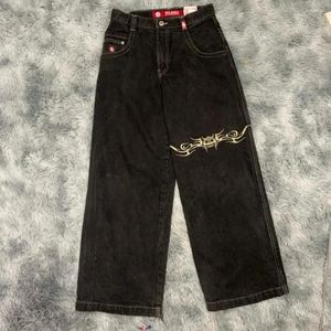 남성 청바지 jnco y2k 힙합 레트로 그래픽 자수 헐렁한 검은 바지 남자 여자 하라주 쿠 고딕 고리 넓은 바지 lanq