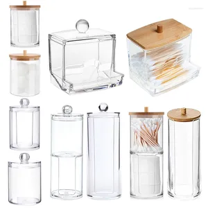 Caixas de armazenamento Caixa acrílica Banheiro Jar Maquiagem Organizador Algodão Rodada Pad Holder Swab Qtip Dispenser com tampa de bambu