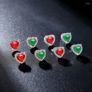 Stud Earrings Exquisite Silver Plated Heart Shape Crystal Red/Green Gems Zircon Bridal Wedding Jewelry Xmas Lover Gifts