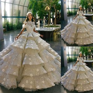 Gorgeous Ball Gown Wedding Dresses High Collar Long Sleeves Bridal Gowns Sequins 3D Appliques Tiers Sweep Train Princess Marriage Gowns Custom Made