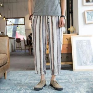 Męskie spodnie mężczyźni linijka bawełniana pasek harem męski lato wygodne spodnie japońskie vintage streetwear swobodne kostkę