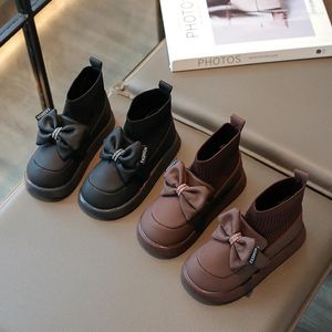 Boots Autumn Girl's Sock Black Brown Bowtie Stylish Children Short Boot Ankle-high 26-36 Slip-on Elegant Pu Leather Kids Shoes