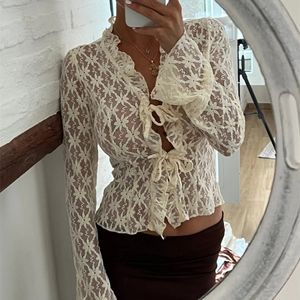 Hirigin elegante feminino verão rendas floral topos alargamento manga longa gravata frente sheer magro colheita cardigan clubwear blusa mujer moda 240123