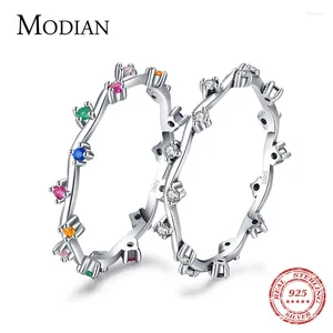 Anéis de cluster Modian Real 925 Sterling Silver Rainbow Colorido Zircão Dedo Moda Anel de Cristal Irregular para Mulheres Fine Jewelry Anel